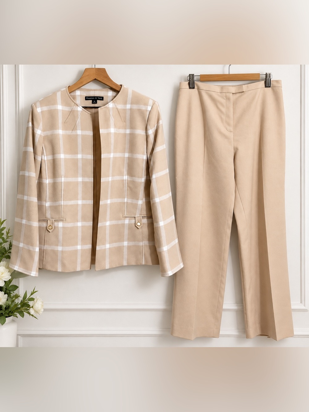 Preston & York Beige Plaid Jacket with Solid Beige Trousers
